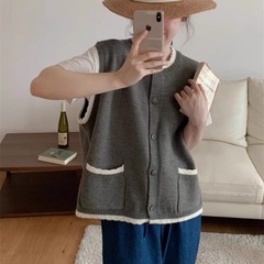 日系慵懒复古针织上衣女秋冬外搭叠穿马甲背心宽松无袖毛衣外套女