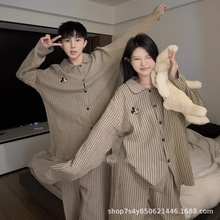 情侣睡衣女春秋款大码云朵棉纱布跨境家居服男士条纹长袖套装春季
