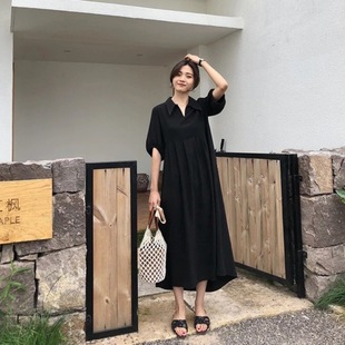 2023 new shirt collar black short sleeve dress women's chubby girl temperament slimming A- line long skirt