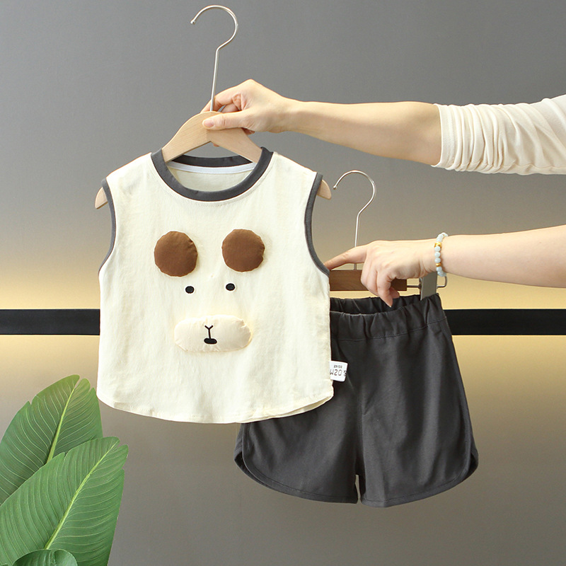 7924 verano nuevo traje de chaleco para hombres y mujeres verano para bebés chaleco de dibujos animados oso traje sin mangas de estilo occidental de dos piezas