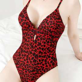 26新款欧美外贸一体式豹纹吊带镂空侧绑带抽绳连体比基尼泳衣批发