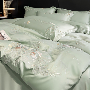 Korean Style Girl's Heart Double-Sided Ice Silk Quilt Cover Summer Four-Piece Set Silky Cool Flower Embroidered Bedding