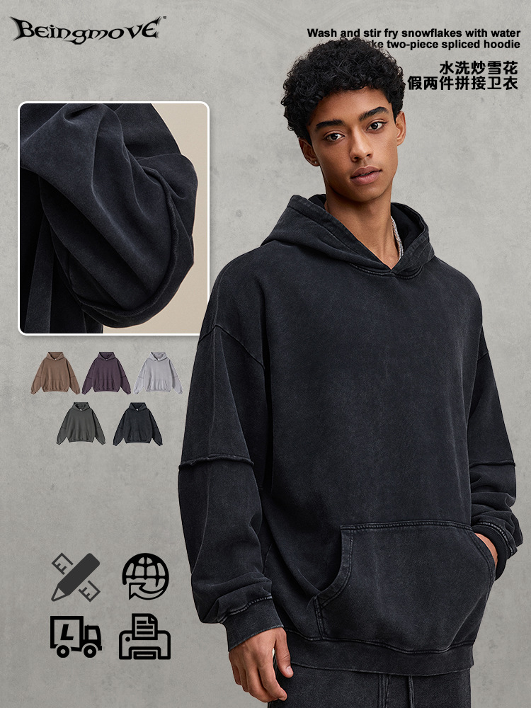 Calle secada| 2025 otoño marca de moda americana falsa dos piezas retrógrado hacer viejos copo de nieve frito collar chaqueta con capuz para hombre