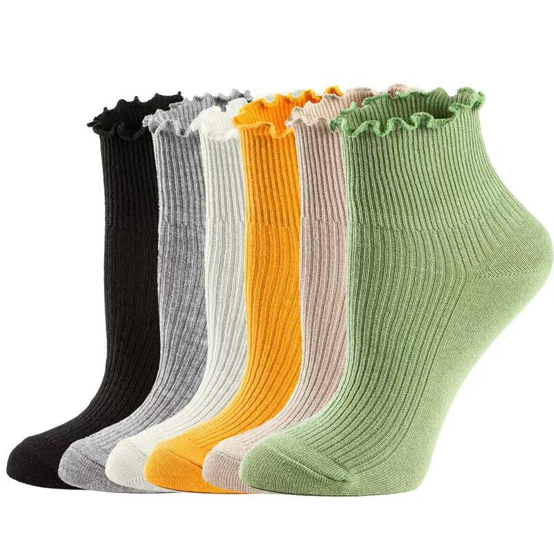 Cross-border Amazon socks double needle pleated wood ear side tube women's socks casual cotton socks solid color vertical strip piled socks women Cross-border Amazon socks double needle pleated wood ear side tube women's socks casual cotton socks solid color vertical strip piled socks women