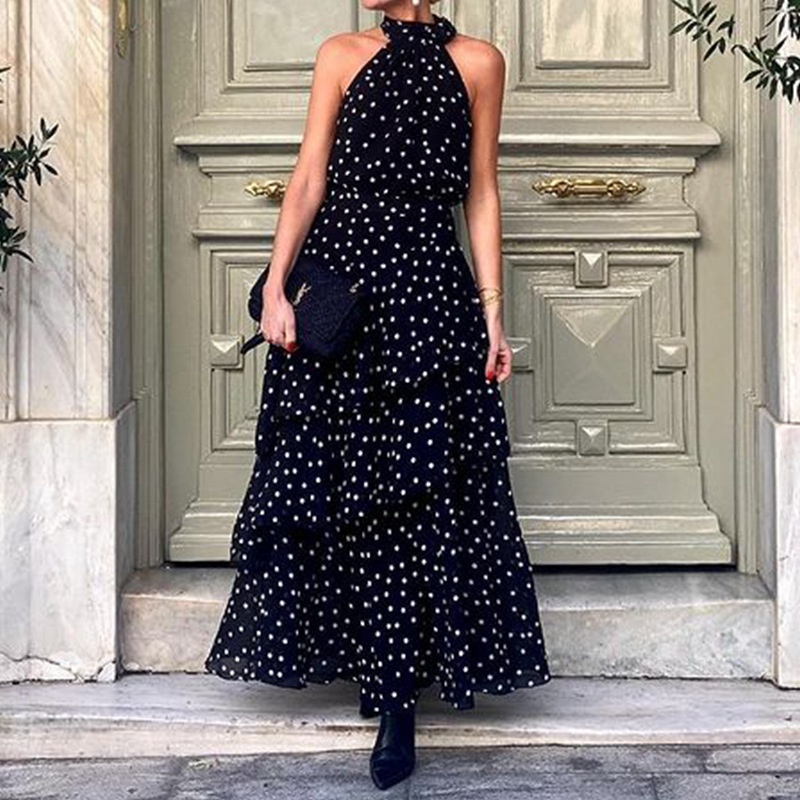 In-Stock 2025 Cross-Border Women's Fashion European and American Style Polka Dot Sleeveless Printed Socialite Hepburn Style Mid-Length Dress