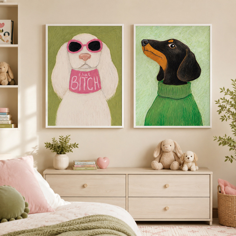 Cream-Colored Dog and Walrus Animal Portrait Bedroom Wall Decoration Painting for Girls' Room, Nordic Style, Playful, Framed Wall Art