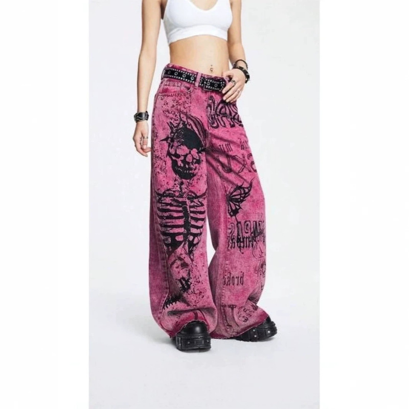 Cross-border new arrival: rose-red skull graffiti print wide-leg jeans, street-style 3D letter print faux denim pants