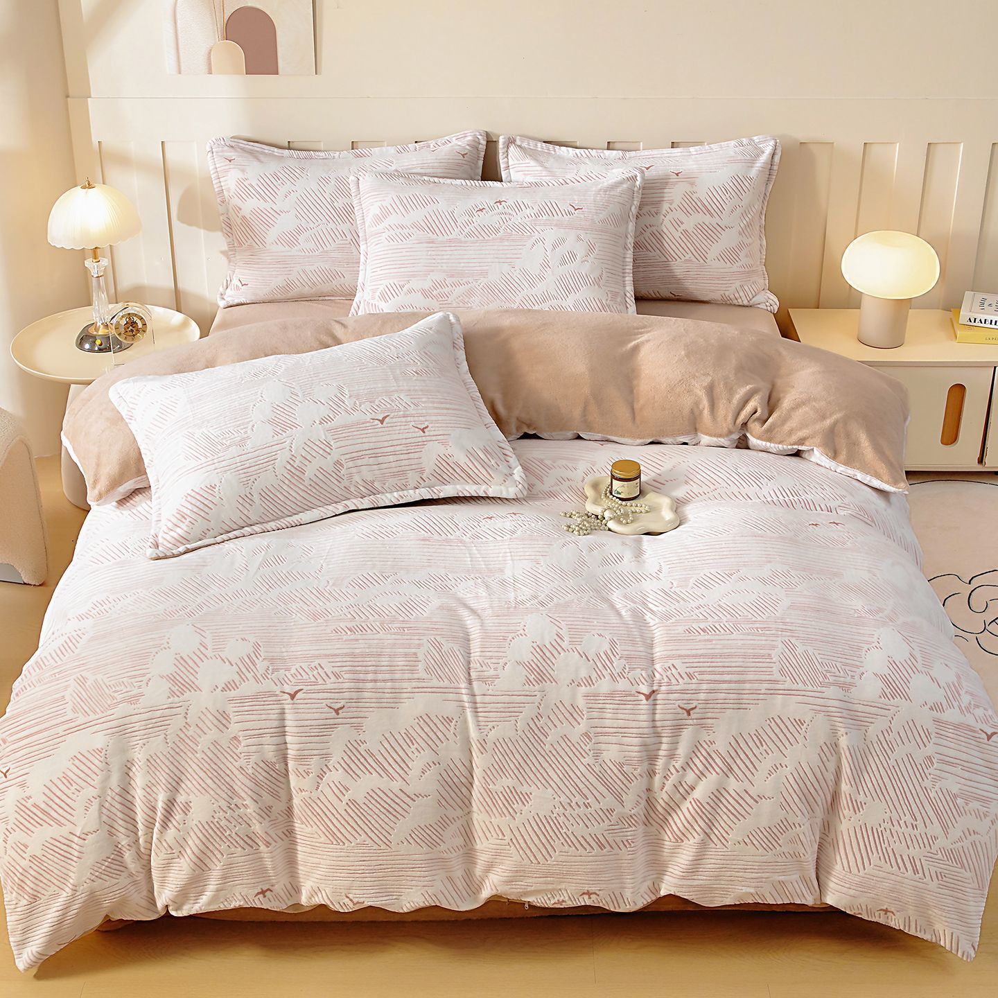 Cama de invierno de lana de cuatro piezas de lana de leche gruesa tallado flange de coral sábanas de lana de invierno de tres piezas