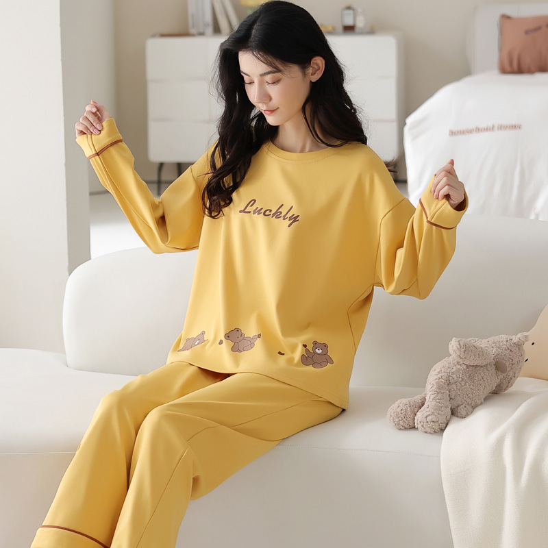 Spring and Autumn Long-Sleeved Long-Pants Pajamas with Built-In Chest Pads for Women, Loose and Thin, Can Be Worn Outside, Homewear Set, Pullover Style