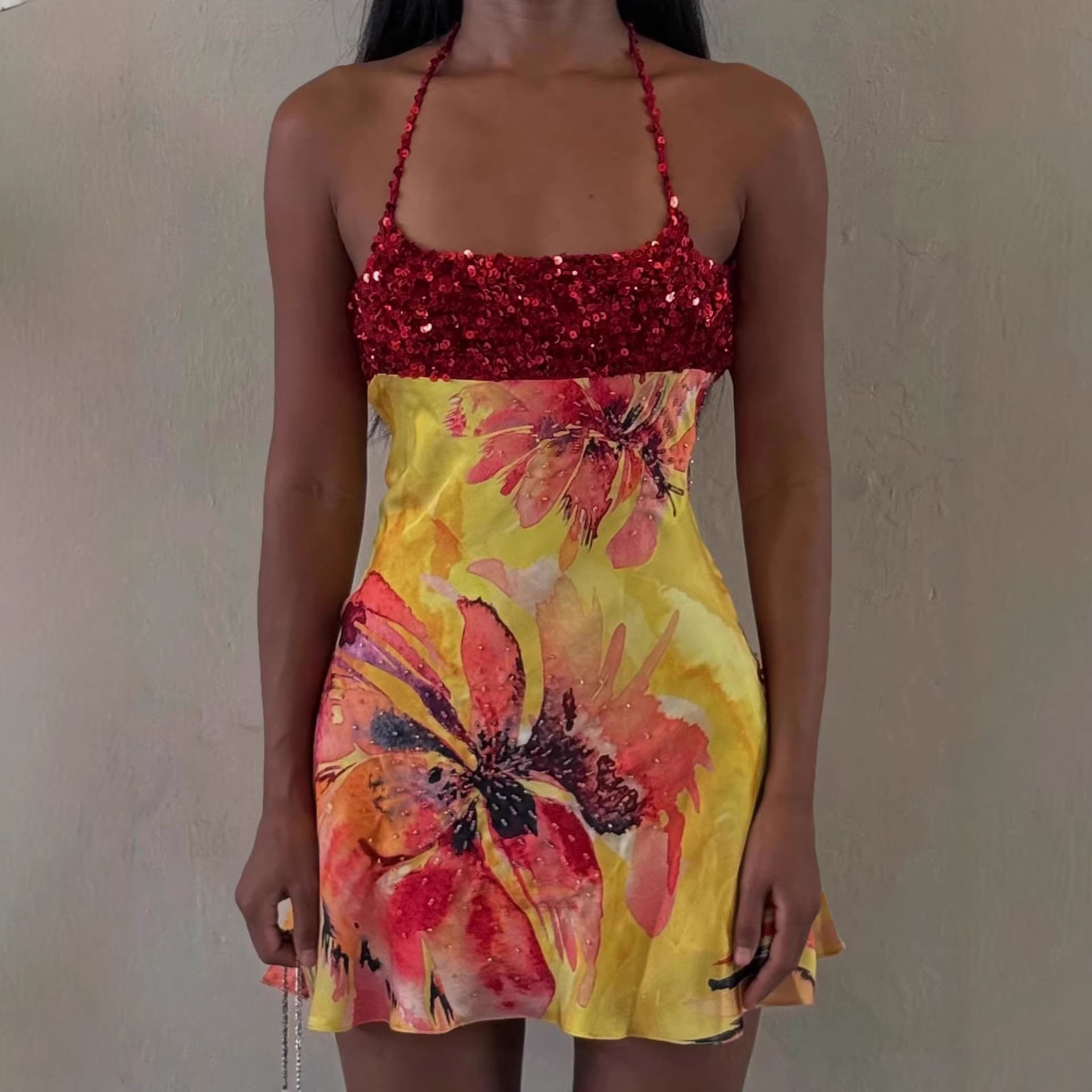 Sexy Sequined Slip Dress With Floral Print Patchwork Short Women's Stylish European And American Fashion New_ecoleips.com
