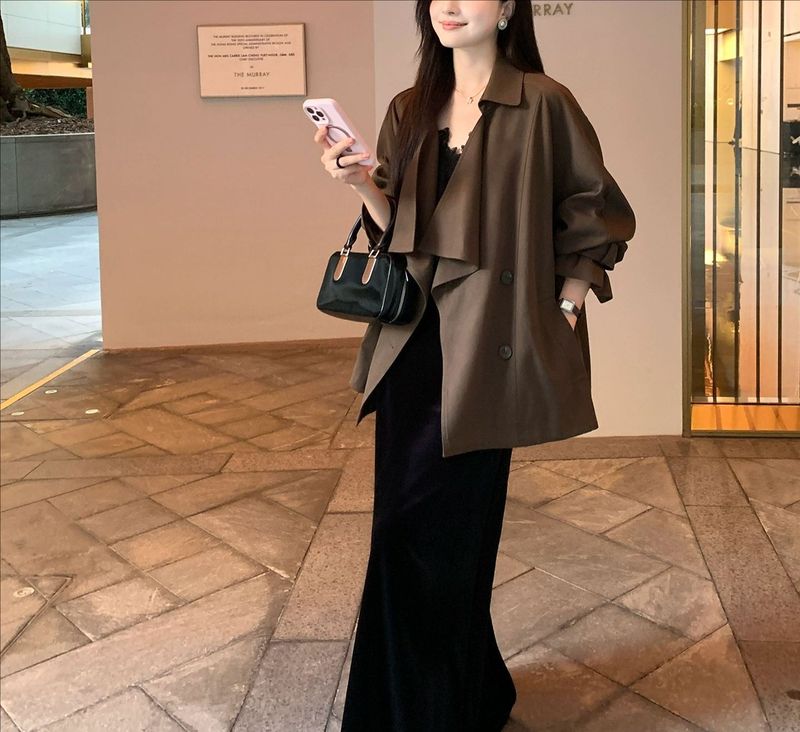 莱赛尔天丝棉撞色扣荡领上衣女秋廓形可调节扣袢风衣外套|undefined