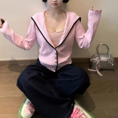 甜美撞色边慵懒学院风秋季海军领针织外套毛衣开衫女显瘦气质上衣