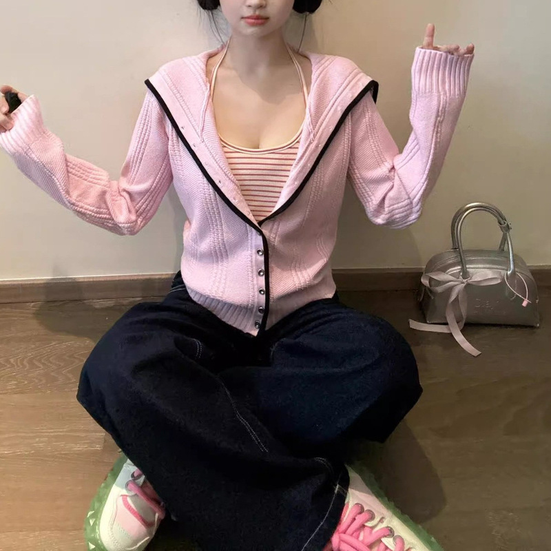 甜美撞色边慵懒学院风秋季海军领针织外套毛衣开衫女显瘦气质上衣|undefined