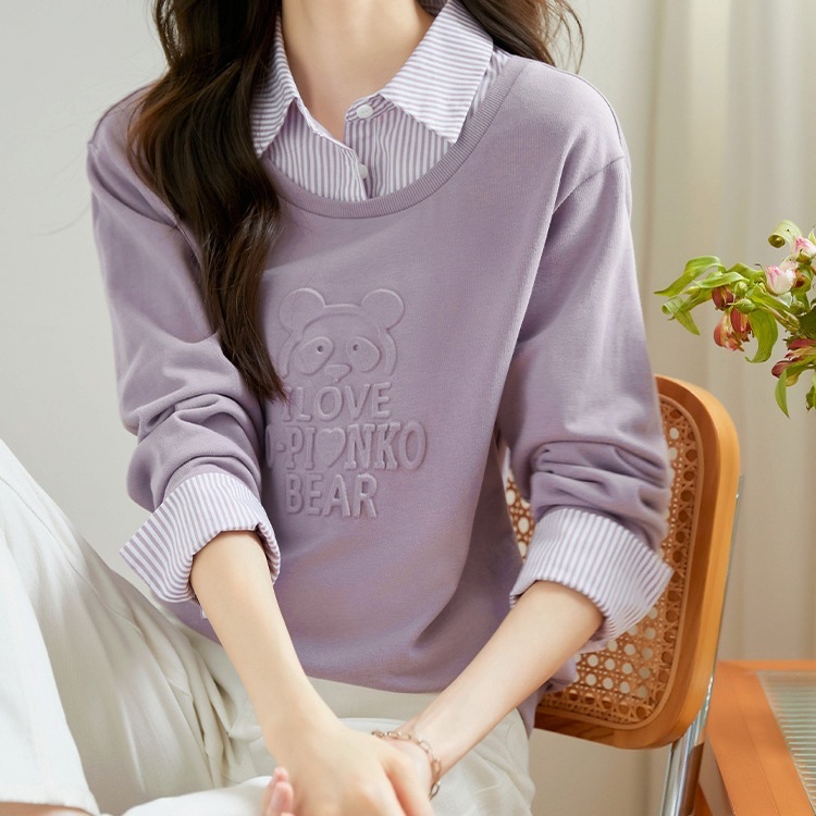 小熊压花假两件卫衣女潮ins春秋款别致休闲条纹衬衫领上衣|undefined