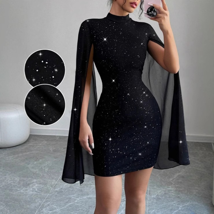 Cross-Border European and American Clothing Amazon Aliexpress Round Neck Pit Pearl Chiffon Cape Hip Dress Women Black Cross-Border European and American Clothing Amazon Aliexpress Round Neck Pit Pearl Chiffon Cape Hip Dress Women Black
