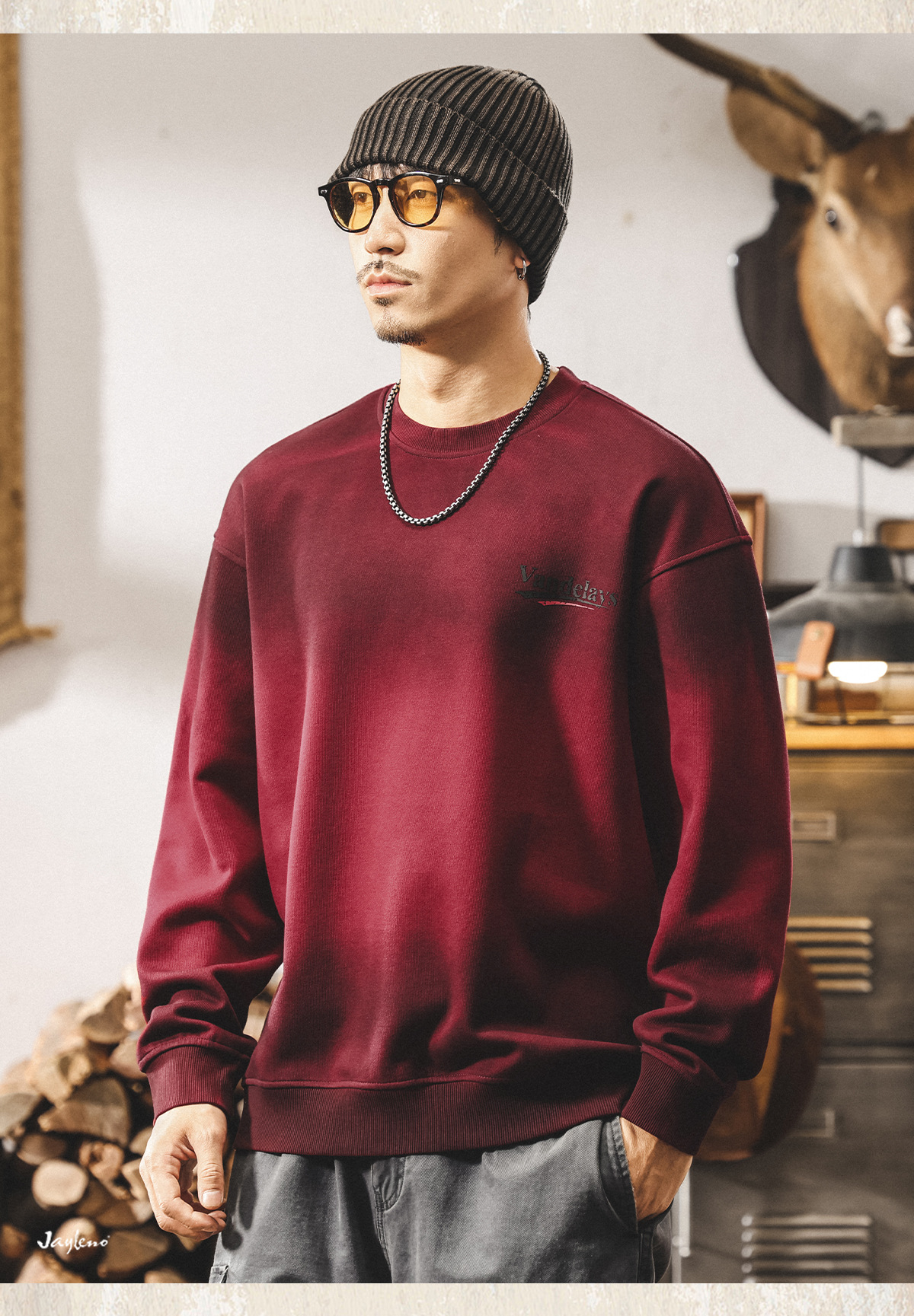 Schweres Sweatshirt Herren Retro Dirty Dyed Oversize Crew Neck_voghion.com