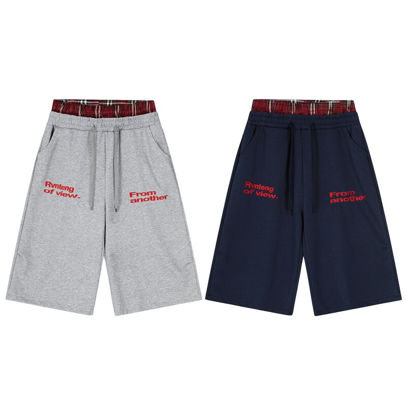 American-Style Plaid Patchwork Double-Waistband Sports Shorts, Retro Loose Sweatpants, Wide-Leg Straight Casual Cropped Pants for Summer