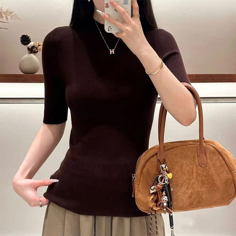 时尚百搭白色减龄半高领五分袖针织衫上衣女秋季新款修身显瘦毛衣|undefined