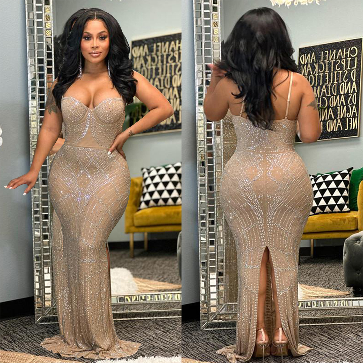 C6201 AliExpress Amazon moda europea y americana de las mujeres color sólido rhinestone malla sin mangas Correa hombro vestido image 4