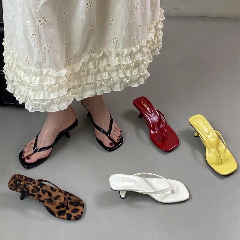 Fangu~2026 New Style High-Heeled Flip-Flops, Thong Sandals, Square-Toe Chunky Heel Beach Slippers, Suitable for Pairing with Dresses
