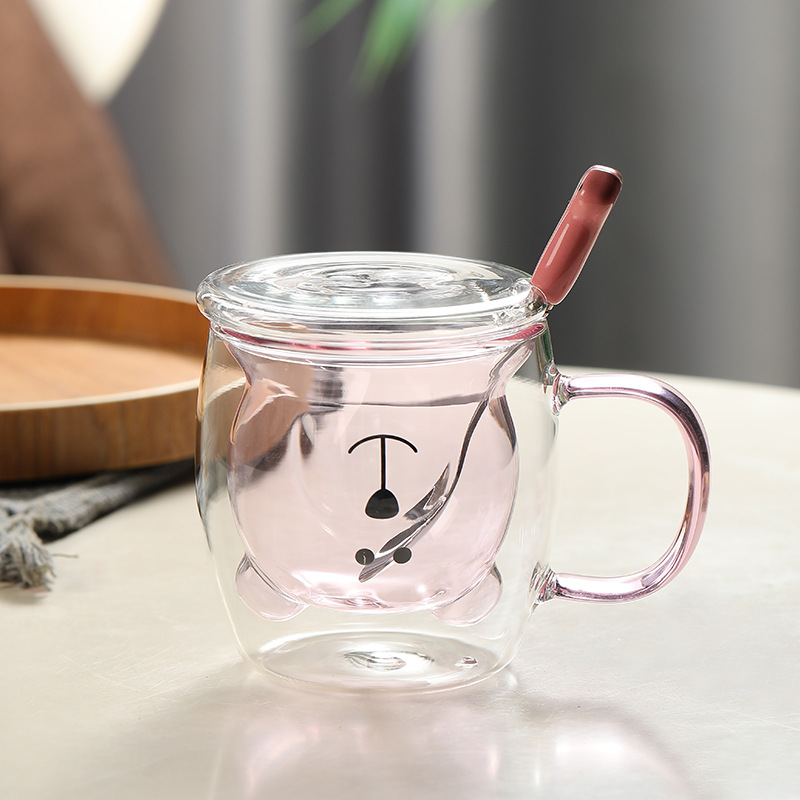 Oso rosa con mango con tapa y cuchara