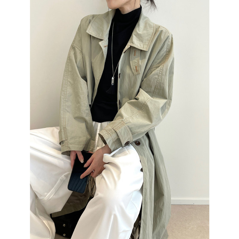 南鱼 知识分子风复古vintage立领纸感水洗廓形长款风衣外套女秋款|undefined