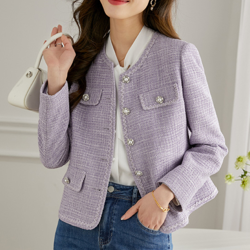 女性用の紫色の気質のシンプルな小さな香りのジャケット、春と秋のファッション、クラシックな社交界の女性、多用途のスリムなショートジャケット|undefined