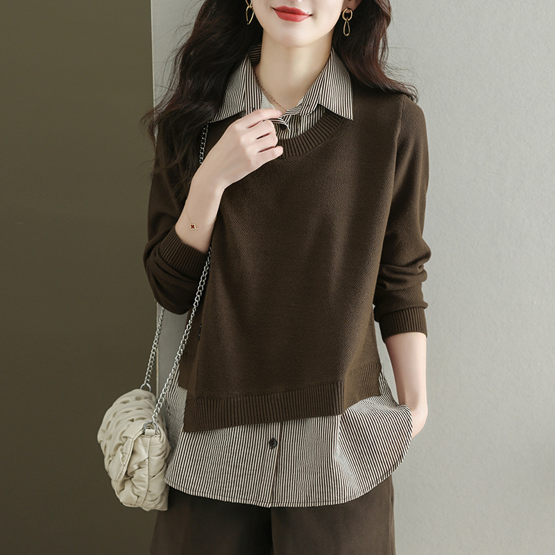 2025 Early Autumn New Style Shirt with Patchwork Fake Two-Piece Sweater for Women, Loose Design, Niche Casual Knit Top