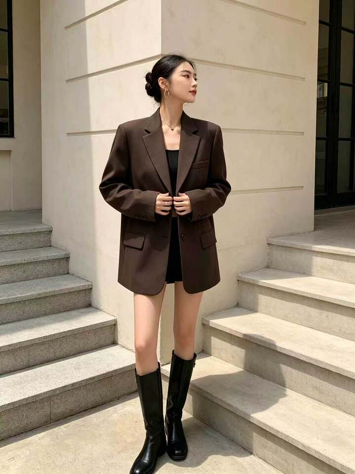 Áo blazer nữ dáng suông cổ vest hai nút tay dài phong cách Hàn Quốc — Màu đen [mẫu chất lượng cao], Nâu, màu xanh đậm, màu xám đậm chi tiết 28