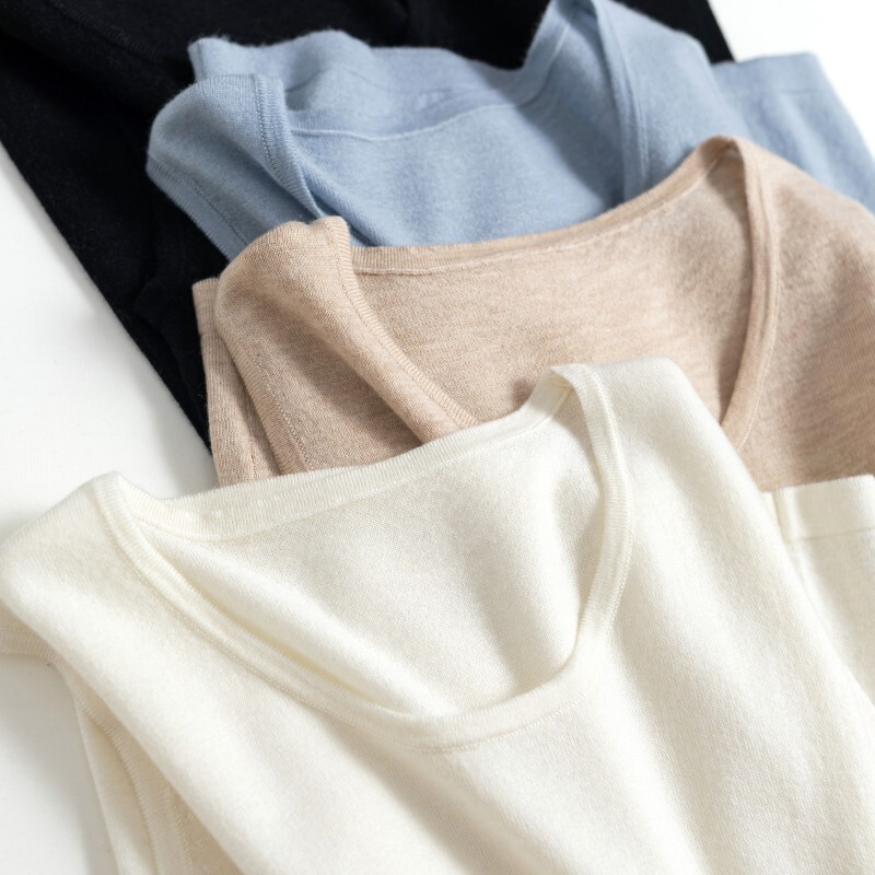 Fine-knit summer thin 100% wool camisole for women, round neck, simple and versatile sleeveless base shirt