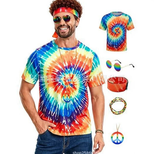 New European and American Halloween 60s and 70s Hippie Men's Tie-Dye T-Shirt for Cosplay and Performance