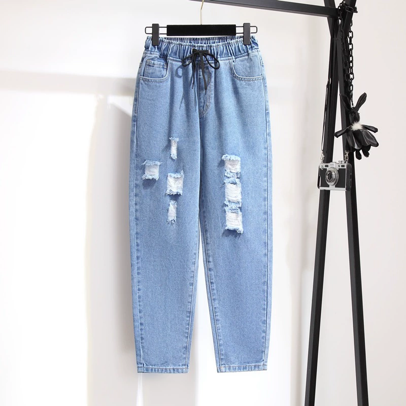 Женские джинсы больших размеров 200/300/350 кг с высокой талией, пухлые брюки для девочек Harlan, Осенние тряпки на завязках