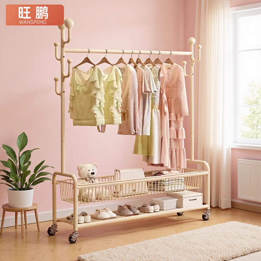 Movable Floor-Standing Clothes Rack with Basket Thickened Clothes Drying Rack Dormitory Simple Clothes Drying Rack Home Balcony Coat Rack Wholesale