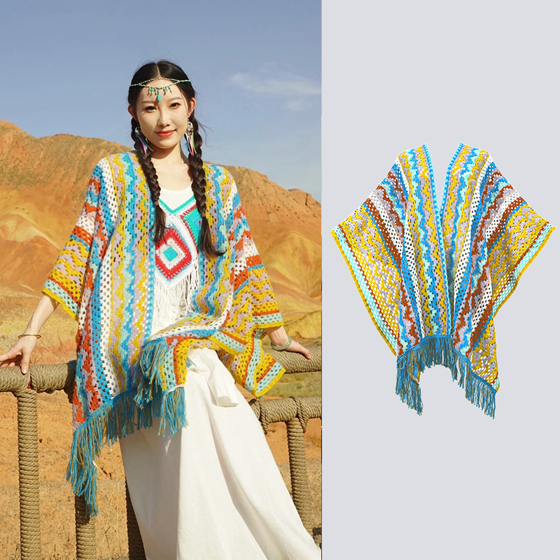 Viaje en el oeste de Sichuan vestido con una capa de chal de peluche de Yunnan Xinjiang de otoño y invierno estilo nacional de punto capa de rayas