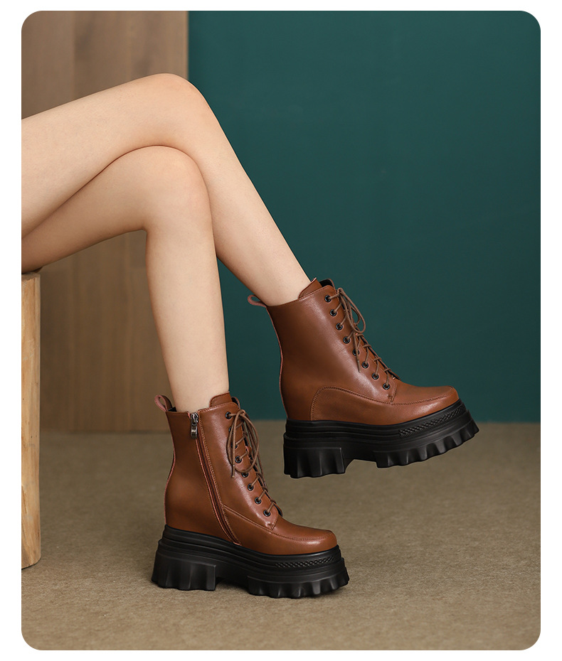 Boot nữ đế tăng chiều cao 10cm dây buộc mùa thu đông — Lớp lót nhung đen, Lớp lót đơn màu nâu sẫm, Lớp lót đơn màu đen, Lớp lót nhung màu nâu sẫm chi tiết 11