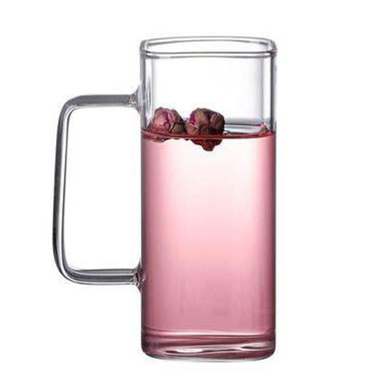 Vaso de vidrio con alto contenido de borosilicato con asa, taza de agua de paja cuadrada de alto valor para el hogar, taza de agua calefactable de fondo plano resistente a altas temperaturas