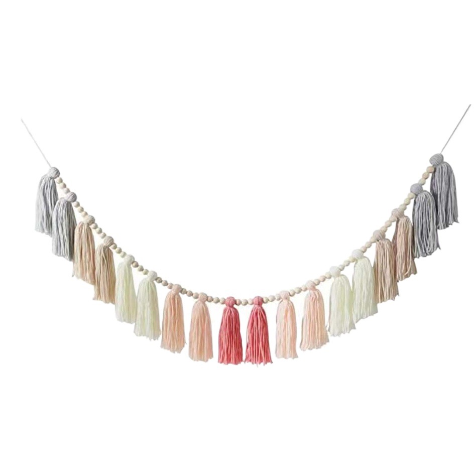 2024 cross-border ins Estilo nórdico conjunto completo de cuentas de madera Bola de piel borla cadena adornos tejidos cadena decoración de la pared colgante de pared