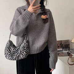 KANING韩版半高领秋冬毛衣女2025新款甜美减龄宽松半拉链针织衫女