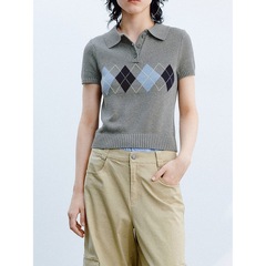 2025秋季新款法式休闲学院风菱格polo短袖针织衫女短款上衣