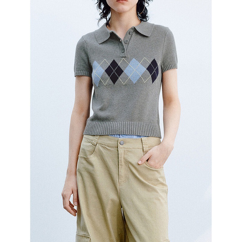 2025 New Autum French Casual Preppy Style Quilted Polo Short-Sleeved Knitwear Women's Short Top