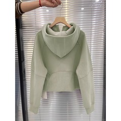 女性用右肩初秋ショートコートスウェットシャツ2025春秋韓国風フード付きトップス小柄な人向け薄手で着痩せ