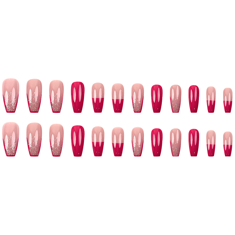 Uñas postizas francesas trapezoidales brillantes color rojo cereza, estilo para viajeros internacionales, arte de uñas que ilumina la piel, 24 piezas de uñas postizas al por mayor en stock.