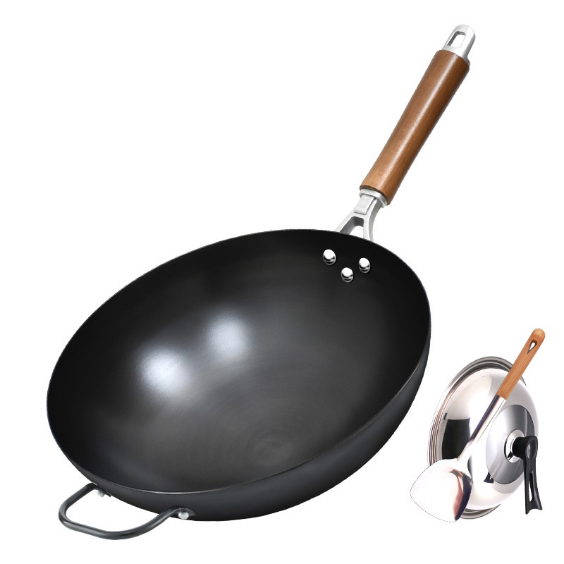 Wok de hierro fundido Zhangqiu para cocinar, sin recubrimiento antiadherente, hecho a mano estilo antiguo, integrado para cocina occidental, con mango de madera, para uso doméstico, venta al por mayor