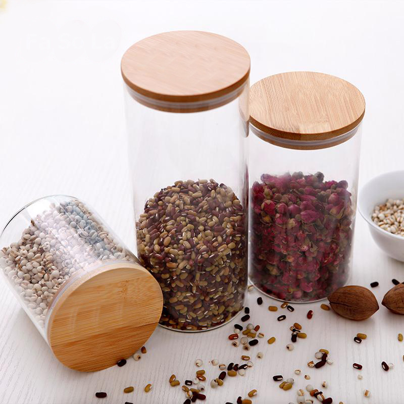 Tarro hermético de borosilicato transparente con tapa de bambú