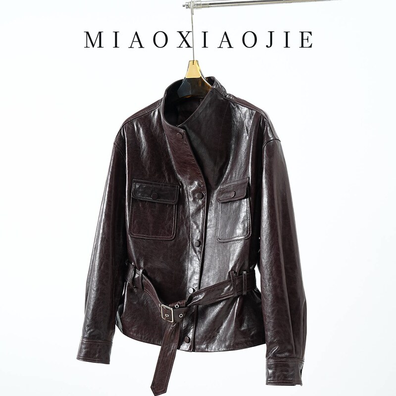 Wang Luodan's Same Style High-End Oil-Waxed Sheepskin Waist-Cinching Workwear Genuine Leather Jacket 2026 Spring and Autumn New Leather Jacket