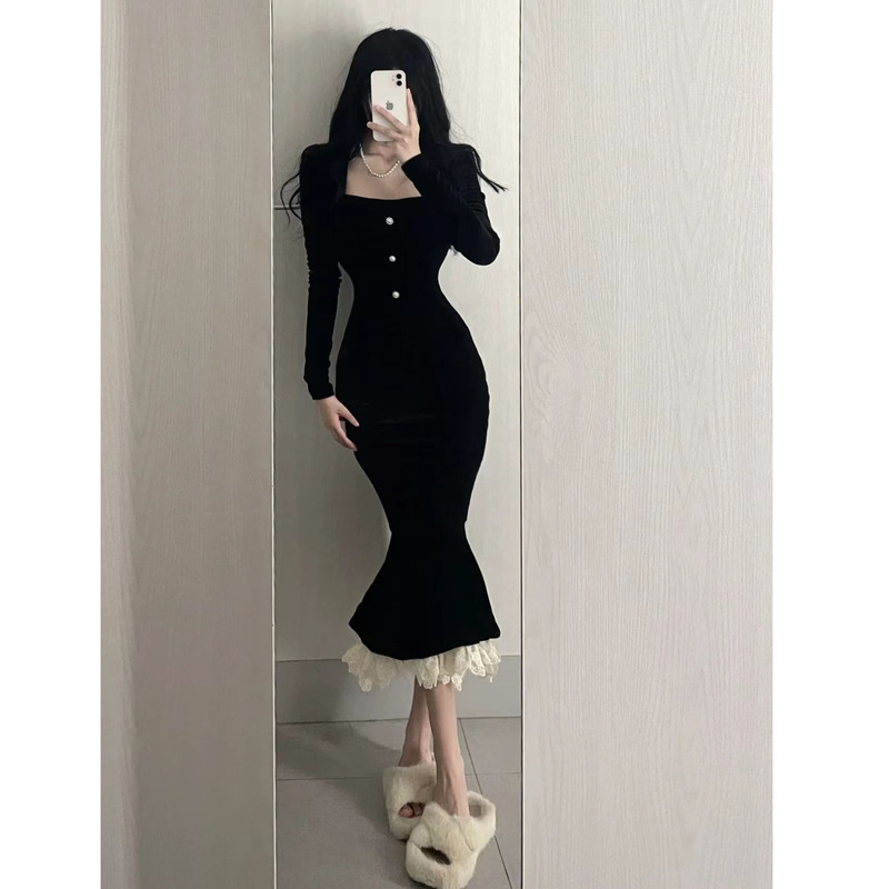 法式方领黑色鱼尾连衣裙女冬季复古温柔修身丝绒包臀裙气质长裙子|undefined