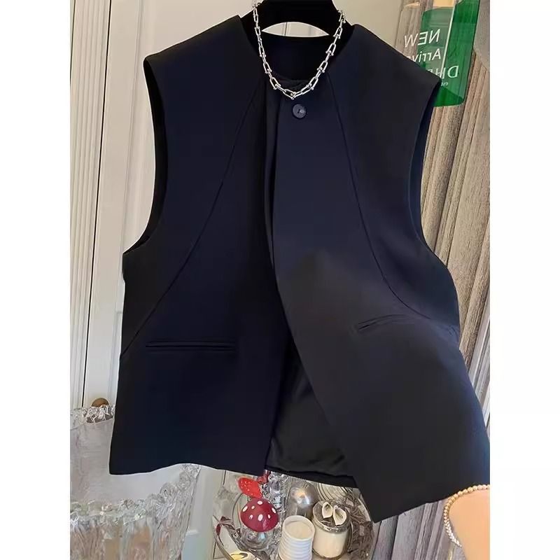 Black Round Neck Suit Vest for Women 2025 New Spring and Summer Slim Outer Vest Vest Short Top