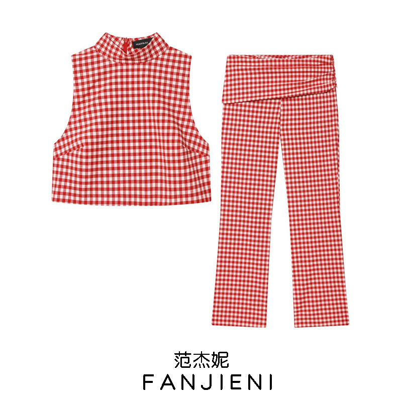 Zr Foreign Trade Wholesale European and American Style Women's High Collar Plaid Short Top Capri Pants 2180039 4661418