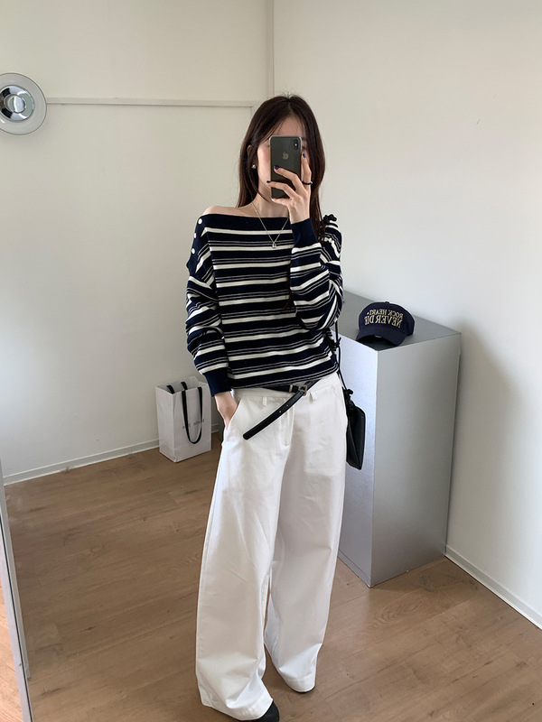 韩系设计感一字肩条纹毛衣女秋季2025新款慵懒宽松露肩针织上衣|undefined