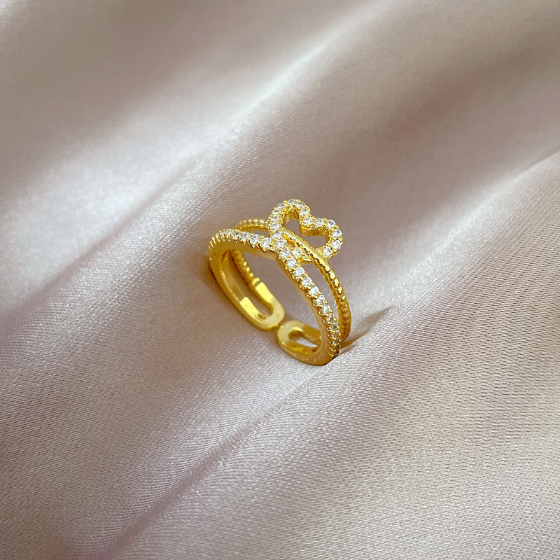 Fashion Heart Shape Brass Plating Inlay Zircon Open Ring 1 Piece